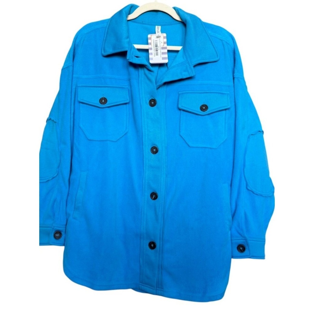 Zenana Sky Blue Fleece Shacket Button Front Oversized - Size Large (NWT)